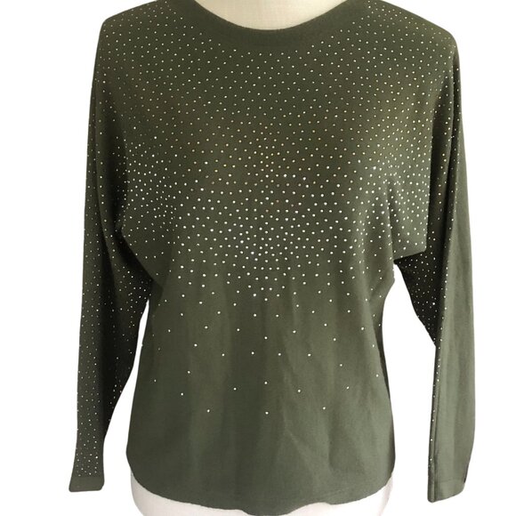 LIV Milano Olive Green Embellished Sweater Small – Rhinestone Studded Knit Top - Picture 1 of 6